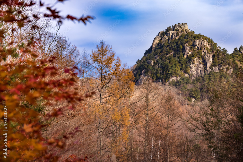 紅葉した木が生える、岩だらけの山　瑞牆山