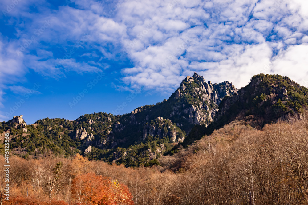 紅葉した木が生える、岩だらけの山　瑞牆山