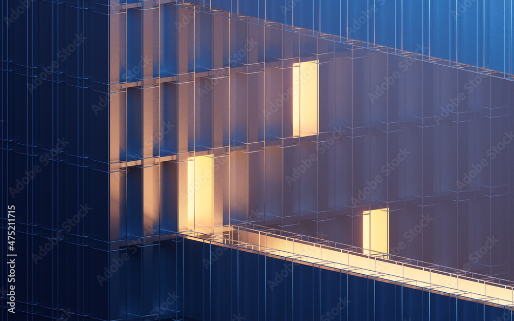 Urban building at night, modular building,3d rendering.