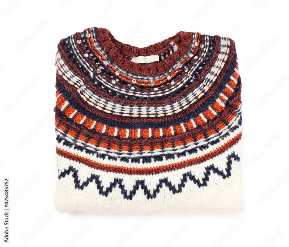 Stylish warm sweater on white background, closeup