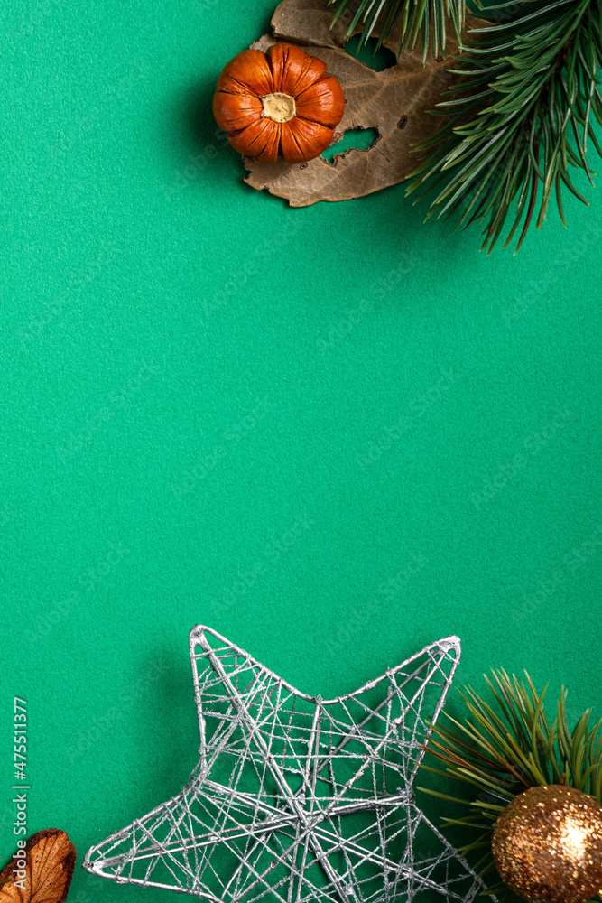 Christmas background design concept with fir tree branch and decorations