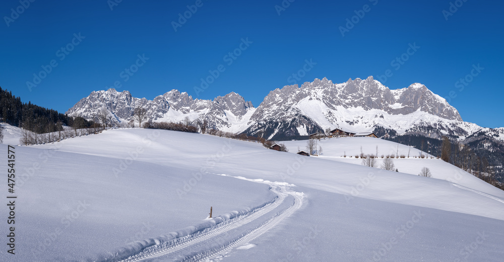 Panoramic view of the Wilder Kaiser mountain range in Winter, Tyrol, Austria