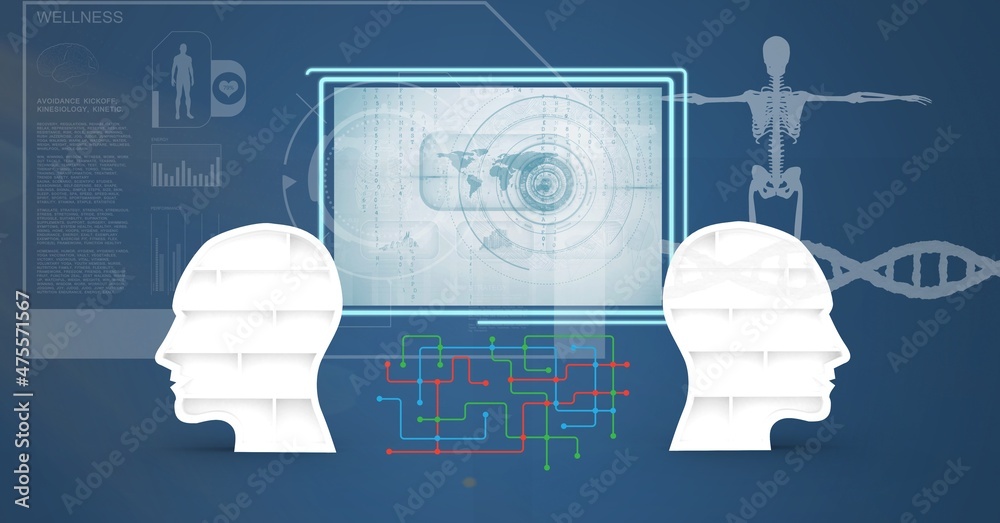 两个人头模型和数字接口，在蓝色背景下进行医疗数据处理