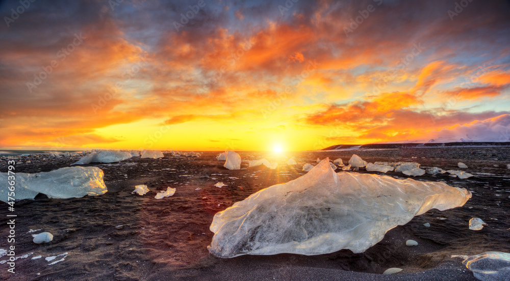 Beautiful sunset over famous Diamond beach, Iceland