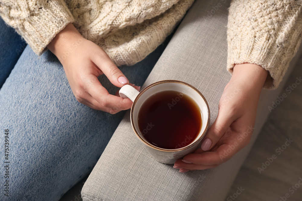 女人在家的沙发上喝着美味的茶