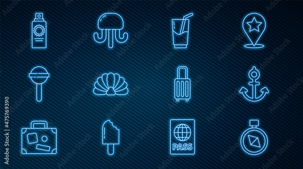 Set line Compass, Anchor, Cocktail and alcohol drink, Scallop sea shell, Lollipop, Sunscreen spray b