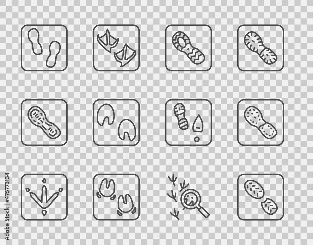 鸡爪足迹、人类足迹鞋、野猪、马、鸟和图标。矢量