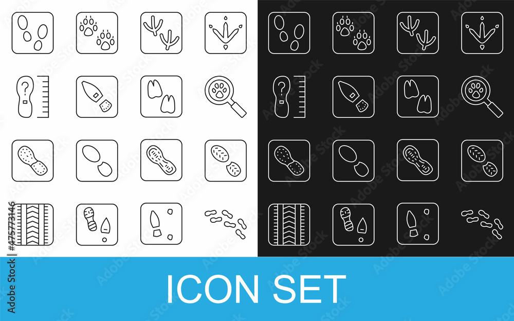 设置人类足迹鞋、爪子搜索、鸽子爪子、方形尺寸和骆驼图标。矢量