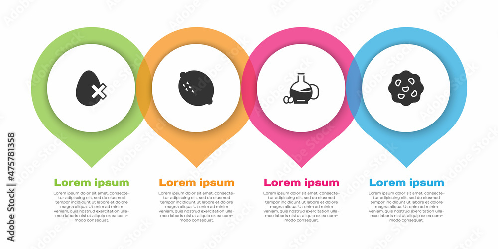 不含鸡蛋、柠檬、一瓶橄榄油和饼干。商业信息图模板。矢量