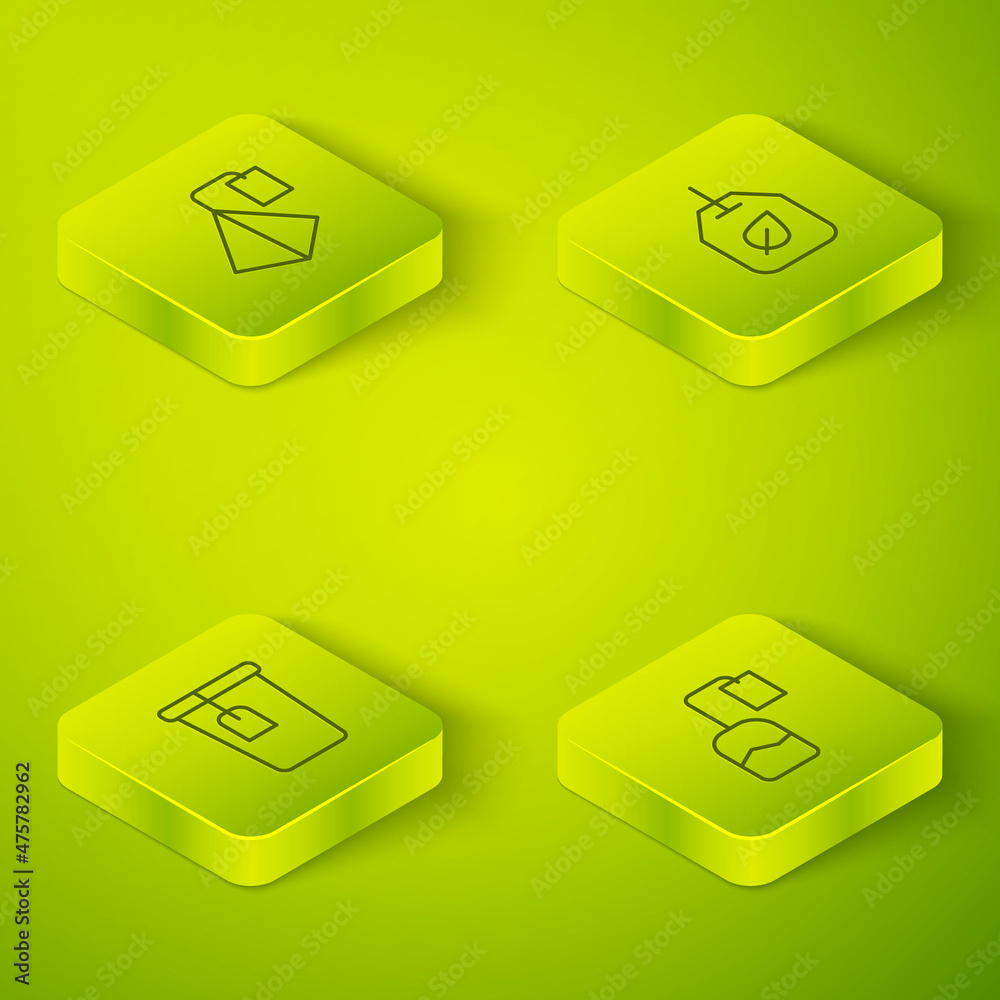 Set Isometric line Tea bag with leaf, Cup tea, and icon. Vector