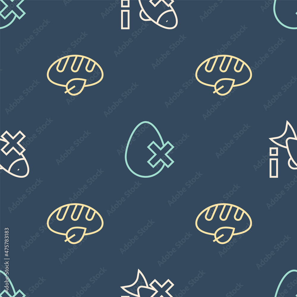 Set line No fish, Vegan bread loaf and egg on seamless pattern. Vector