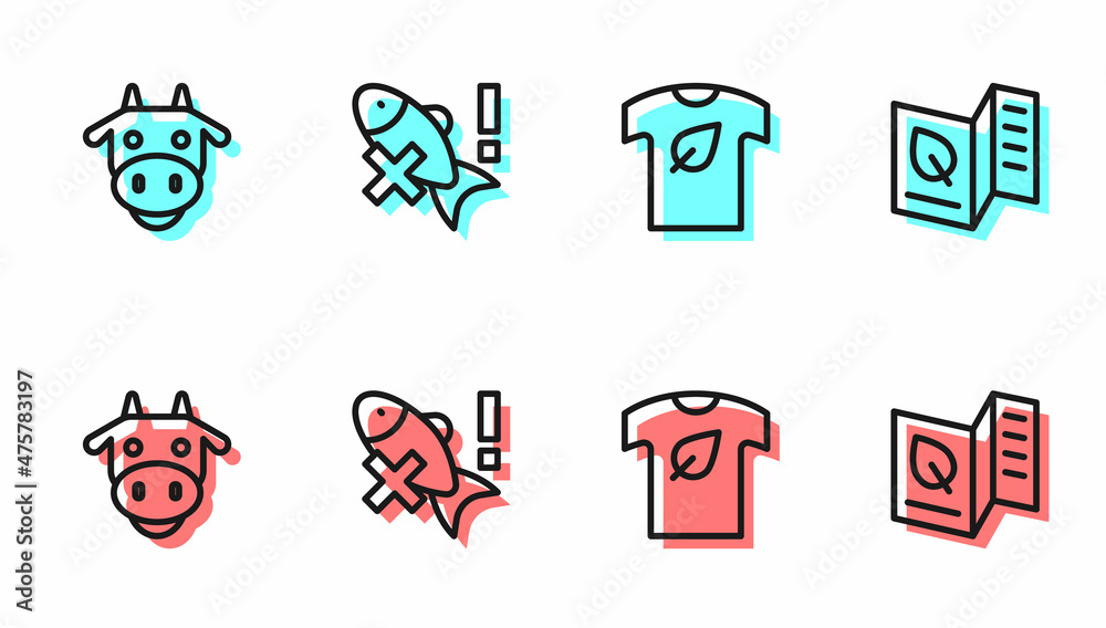 Set line Vegan shirt, Cow head, No fish and Vegetarian food menu icon. Vector