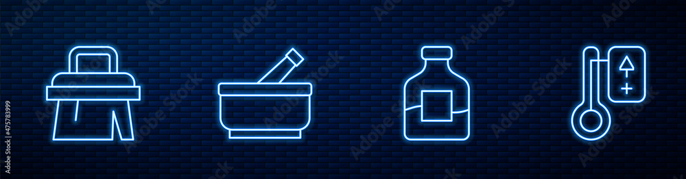 一瓶伏特加、桑拿刷、研钵、杵和温度计。砖上闪闪发光的霓虹灯图标