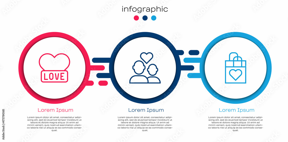 爱心、情侣情侣和购物袋。商业信息图模板。矢量