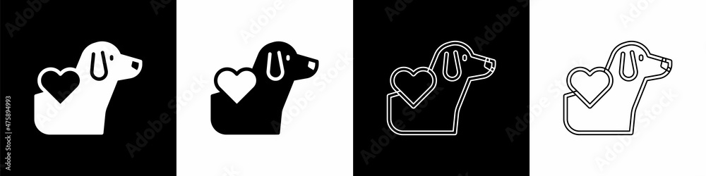 Set Heart with dog icon isolated on black and white background. Pet paw in heart. Love to the animal