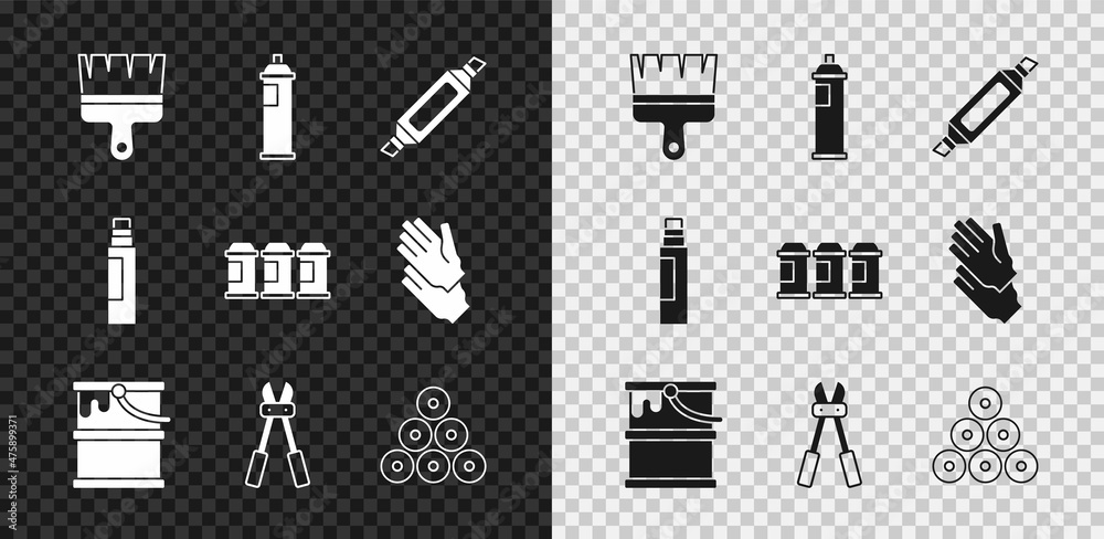 Set Paint brush, spray can, Marker pen, bucket, Bolt cutter, and icon. Vector