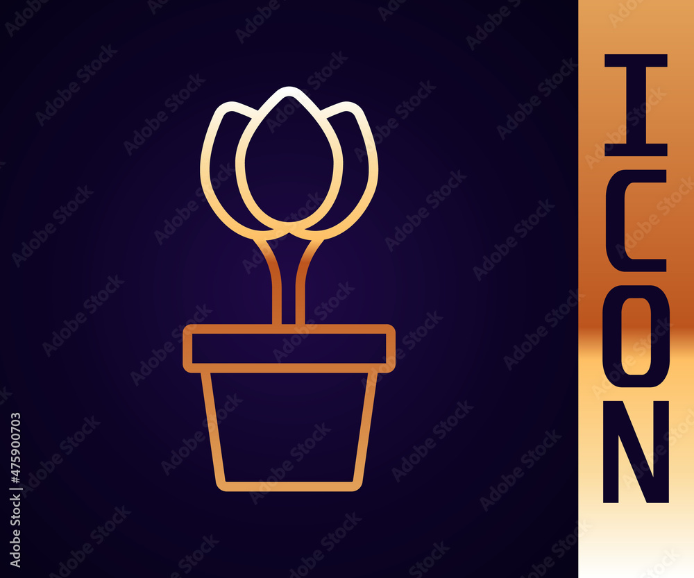 Gold line Flower tulip in pot icon isolated on black background. Plant growing in a pot. Potted plan