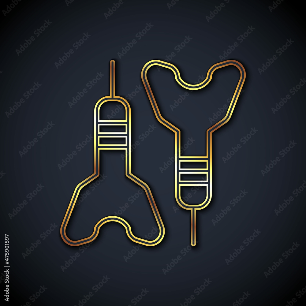 在黑色背景上隔离的金线飞镖箭头图标。矢量