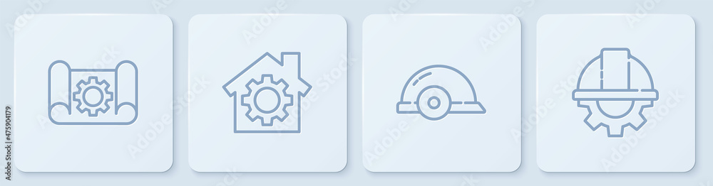 设置线条绘图纸和设备、工人安全帽、带和的房屋。白色方形按钮。矢量