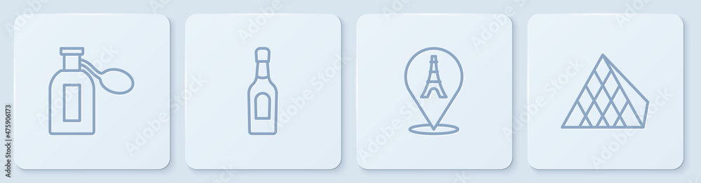香水、埃菲尔铁塔、香槟瓶和卢浮宫玻璃金字塔。白色方形按钮。面纱