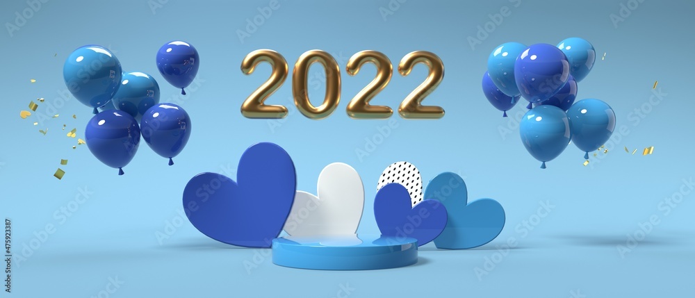 2022年庆祝主题，带气球的心-3D渲染