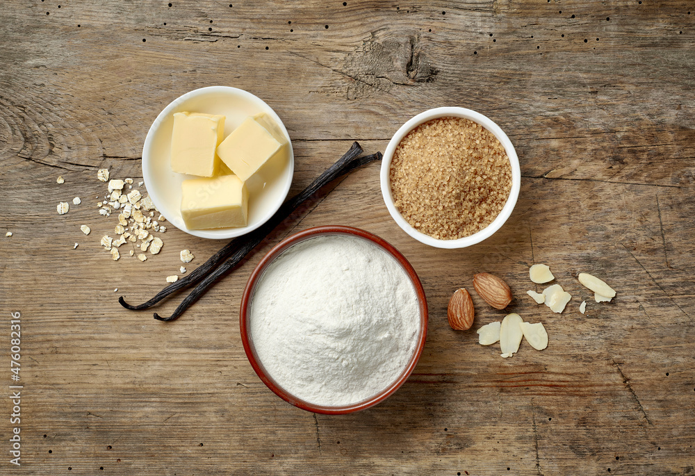 baking ingredients on wooden table