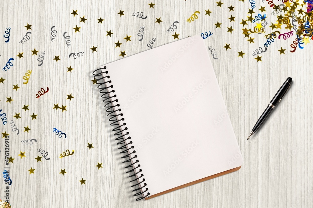 New Year Plans. Notebook With Shiny Confetti. Motivation And Aspiration, Motivational Poster Concept