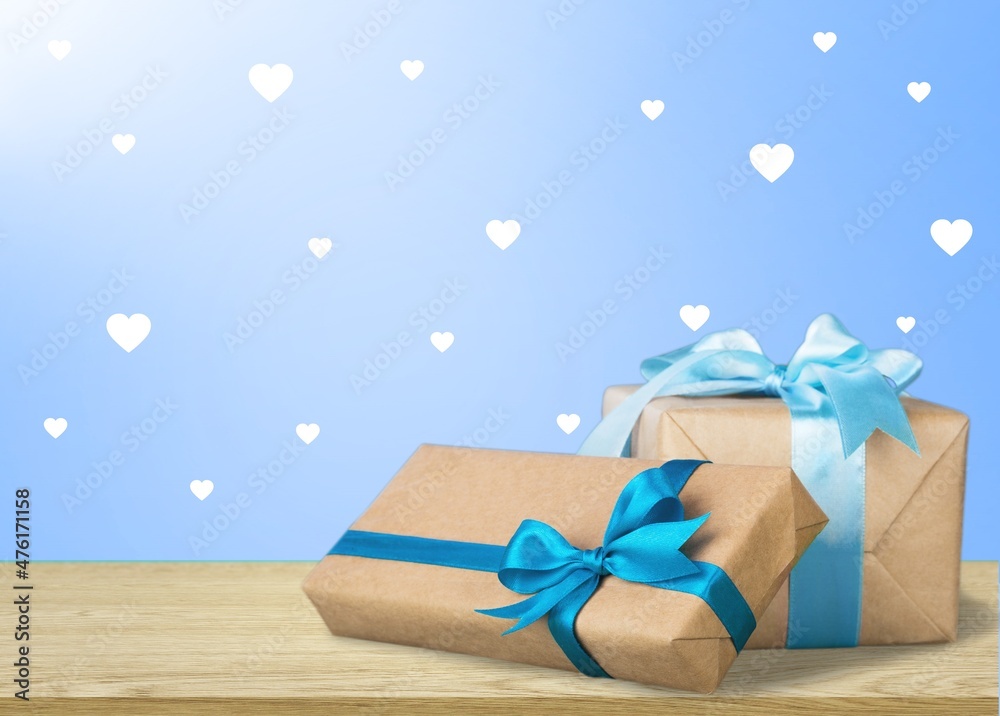 Beautiful gift boxes on wooden table. Christmas or Hanukkah celebration concept.