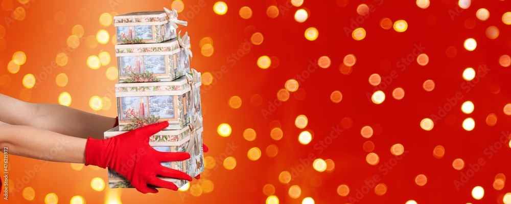 Santa Claus Give Handmade Present In Red Background - Christmas