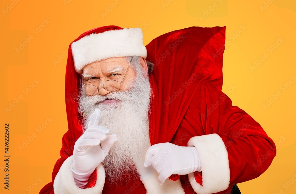 Photo astonished fairy fat grey beard Santa Claus posing on the color background