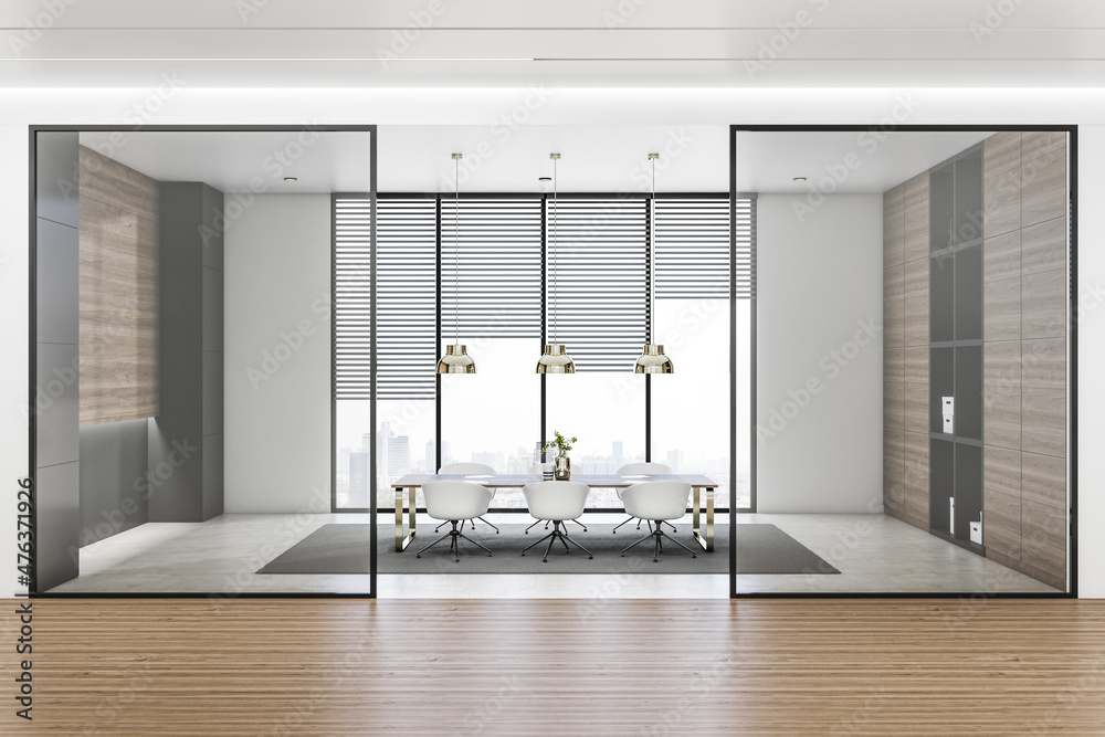 Modern concrete and wooden conference room office interior with window and city view, furniture, gla