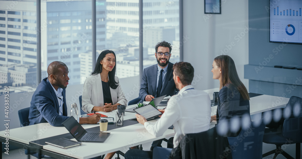 Modern Multi-Ethnic Office Conference Room Meeting: Diverse Team of Ambitious Top Managers, Executiv