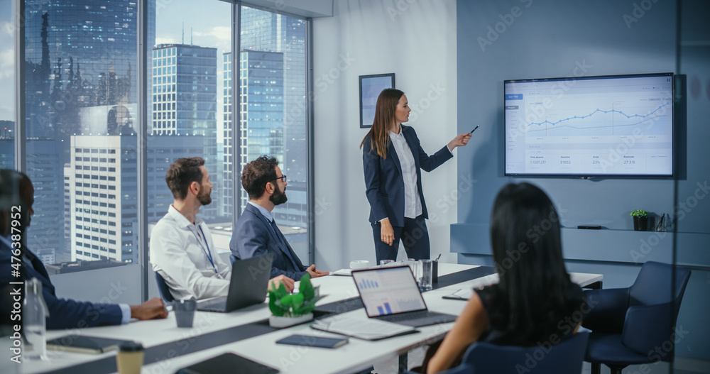 Diverse Office Conference Room Meeting: Successful Female Executive Director Presents e-Commerce Fin