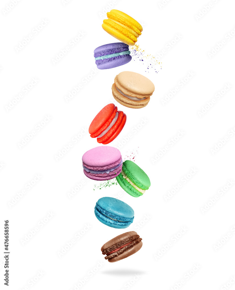 Сolored macaroons with different flavors in the air