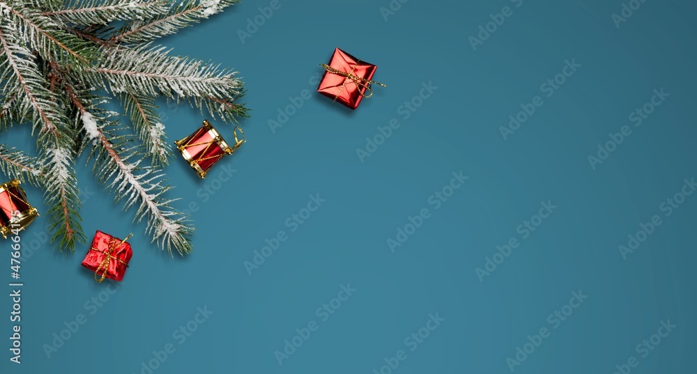 Holiday background with Christmas gift box tree branch