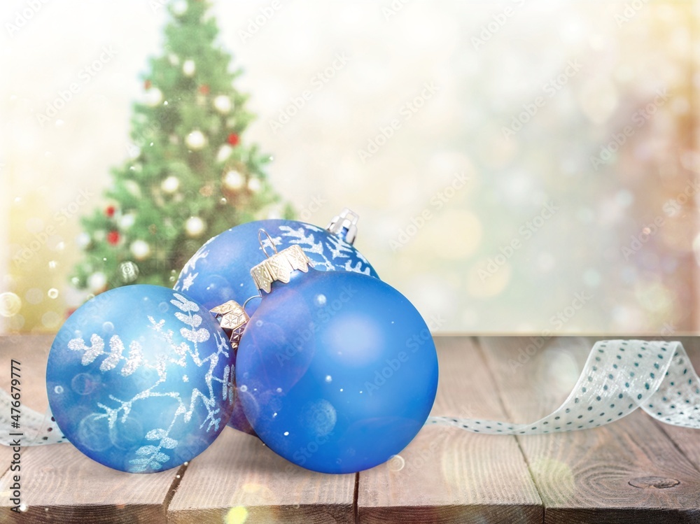 Christmas balls of color on the desk to decorate the tree, Christmas concept