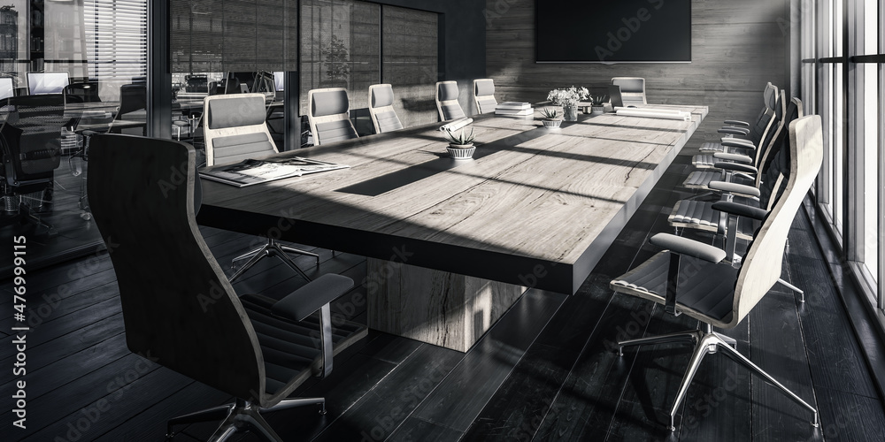 Meeting Room Interior in Design - panoramic black and white 3D Visualization