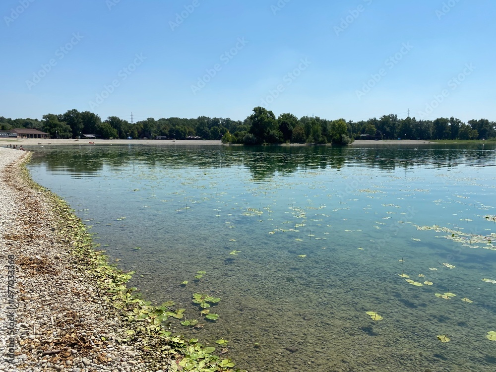 Jarun beach or bathing place small Jarun lake during summer, Zagreb - Croatia (Plaža Jarun ili kupal