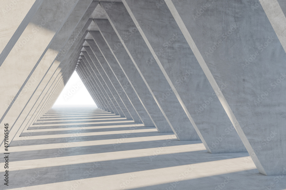 Abstract concrete triangle corridor. Space and hallway concept. 3D Rendering.