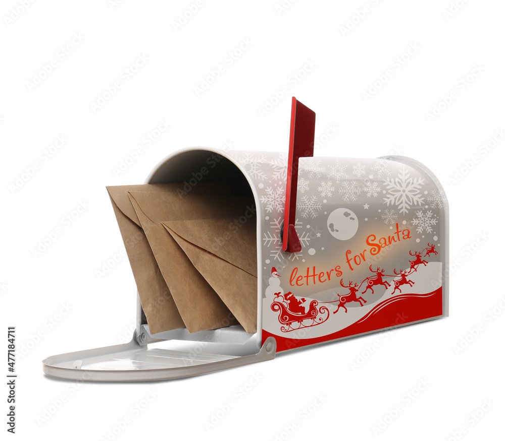 Mail box with letters to Santa on white background