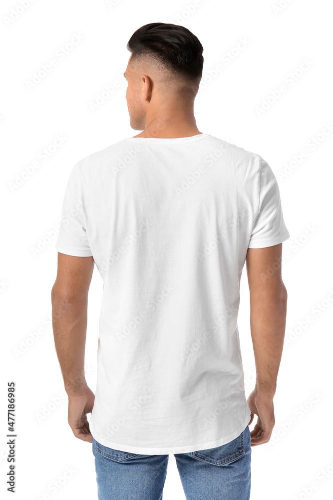 Handsome young man in stylish t-shirt isolated on white, back view