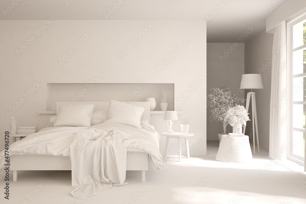 Modern bedroom in white color. Scandinavian interior design. 3D illustration