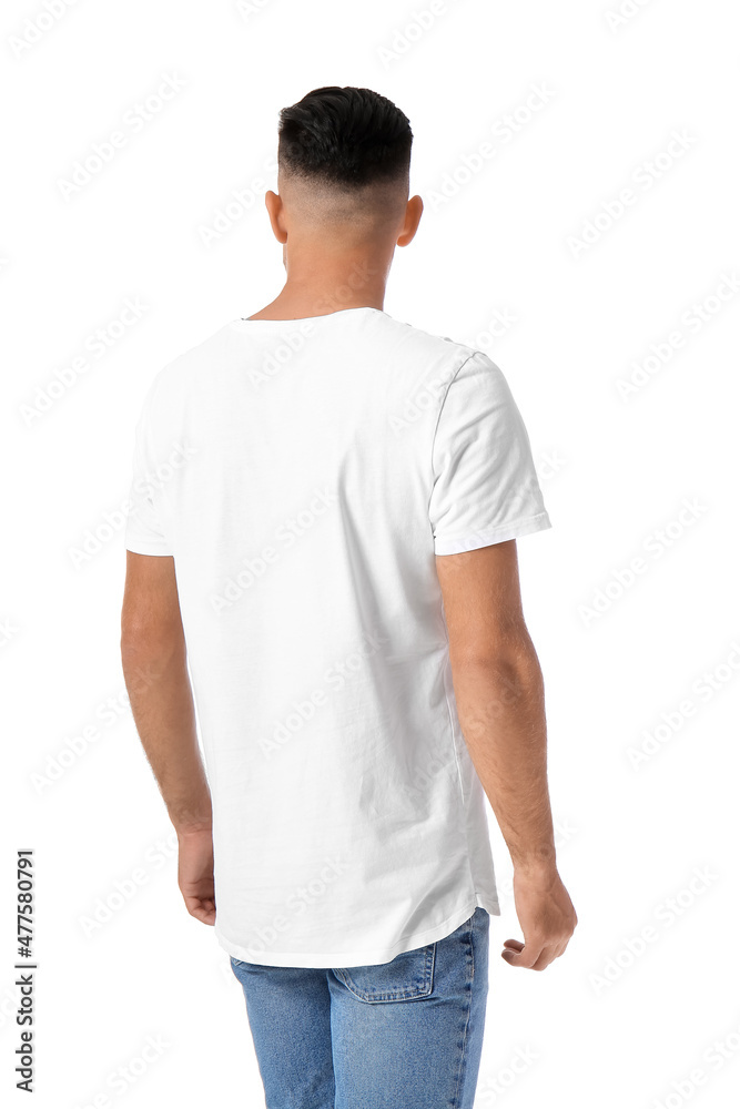 Handsome young man in stylish t-shirt isolated on white, back view