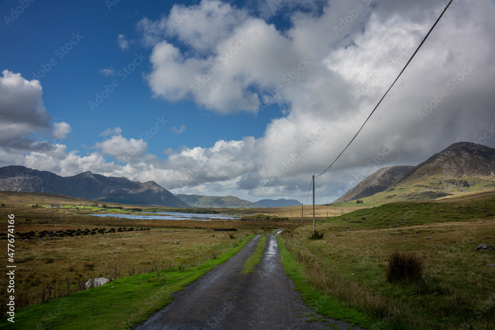 Connemara. The road to Maumeen Pass. Lehanagh Lough in the distance.