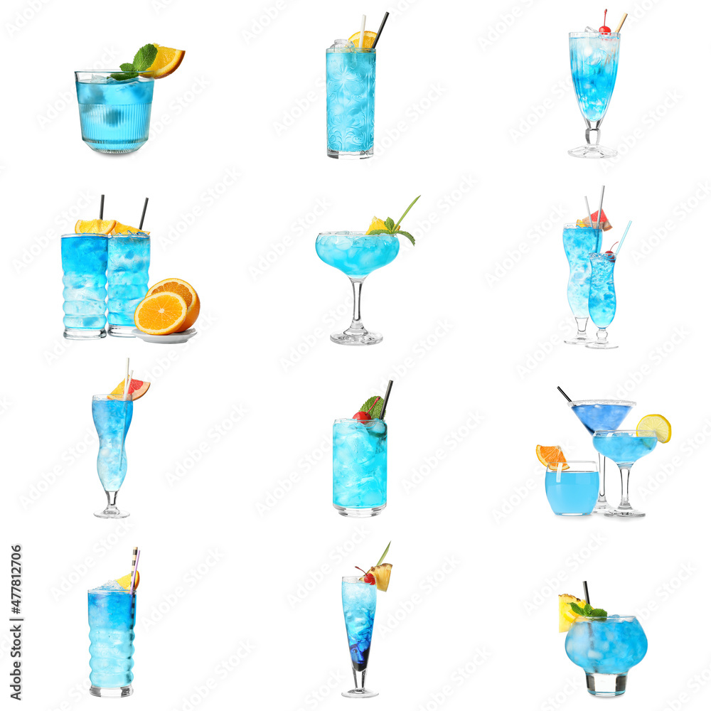 Glasses of Blue Lagoon cocktail on white background