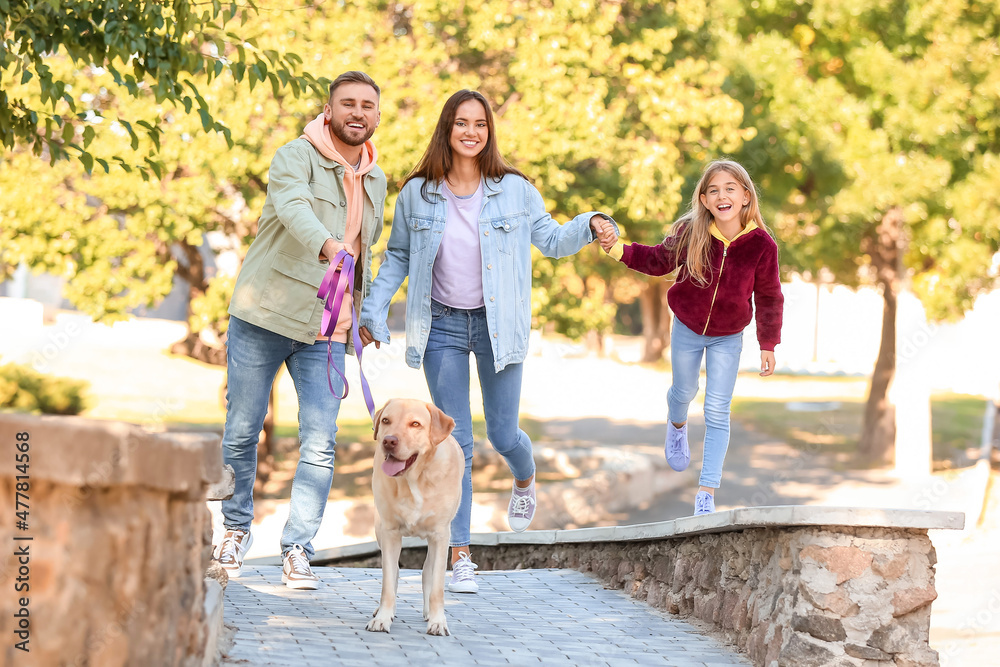 Happy family with Labrador dog walking outdoors