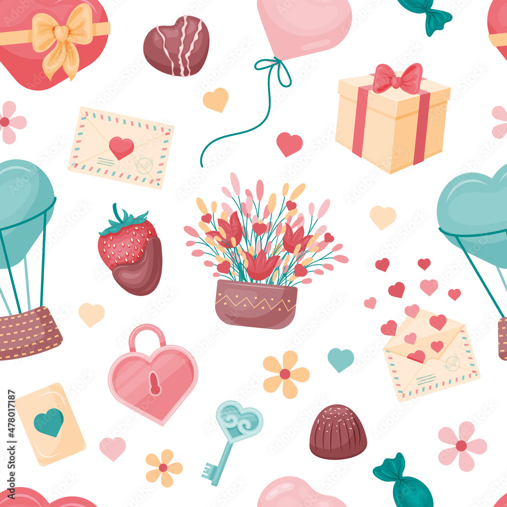 Cute romantic seamless pattern. cartoon style. Vector illustration. Endless valentine day texture.