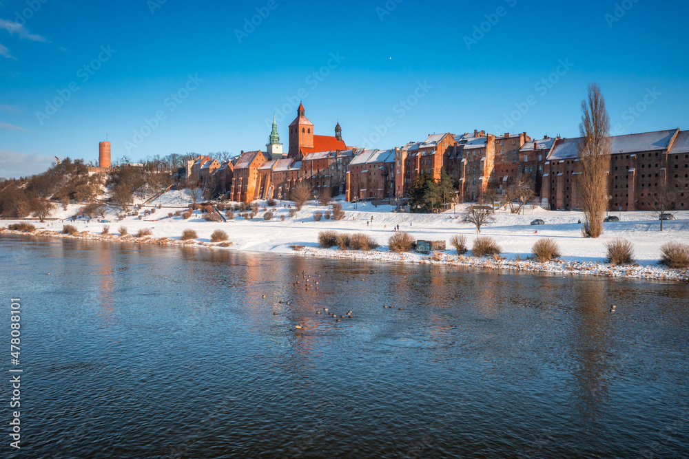 Grudziadz city by the Vistula river at snowy winter. Poland