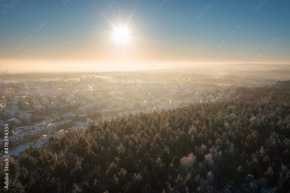 波兰冬季日出时雪域森林的空中景观。