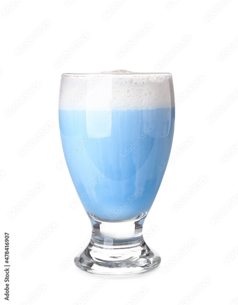 Glass of blue matcha latte on white background